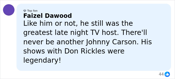 Comment praising Johnny Carson as the greatest late night TV host and mentioning banned stars from the Tonight Show. Comment praising Johnny Carson as the greatest late night TV host and mentioning banned stars from the Tonight Show.