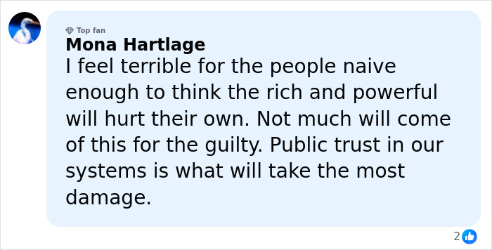 Comment by Mona Hartlage expressing concern about public trust damage related to new Epstein files revealing photos of women marked with disturbing messages.