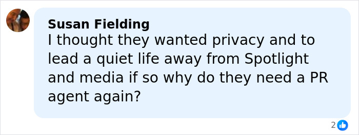 Comment by Susan Fielding questioning why Prince Harry and Meghan Markle need a PR agent, discussing PR gurus cutting ties. Comment by Susan Fielding questioning why Prince Harry and Meghan Markle need a PR agent, discussing PR gurus cutting ties.