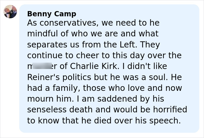 Comment by Benny Camp discussing Rob Reiner's politics and expressing sorrow over the Hollywood icon's passing. Comment by Benny Camp discussing Rob Reiner's politics and expressing sorrow over the Hollywood icon's passing.
