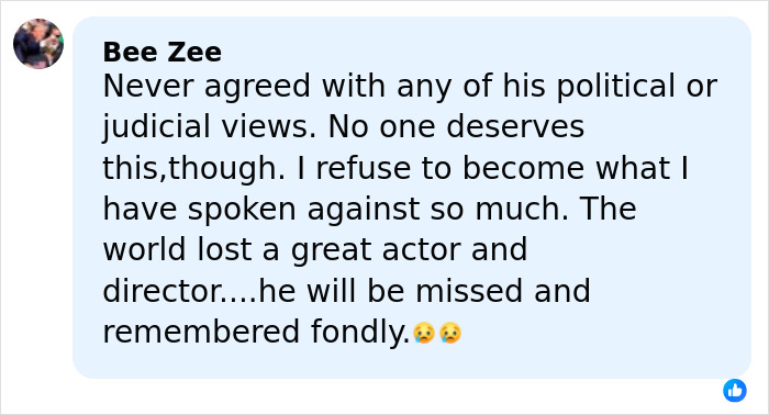 User comment expressing grief over Hollywood icon’s passing and remembering the great actor and director fondly. User comment expressing grief over Hollywood icon’s passing and remembering the great actor and director fondly.