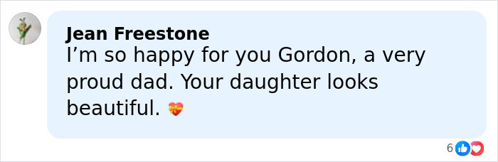 Comment expressing happiness for Gordon Ramsay as a proud dad and complimenting his daughter's beauty at her wedding.