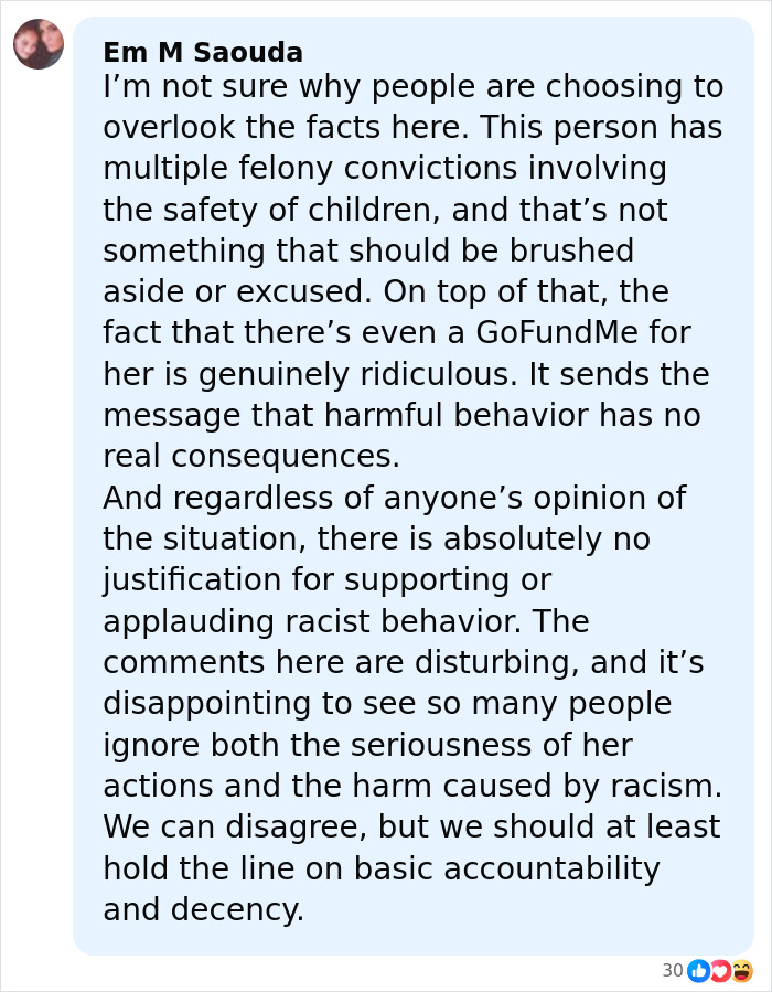 Comment expressing concern over racist behavior by Cinnabon employee and controversy surrounding GoFundMe support. Comment expressing concern over racist behavior by Cinnabon employee and controversy surrounding GoFundMe support.