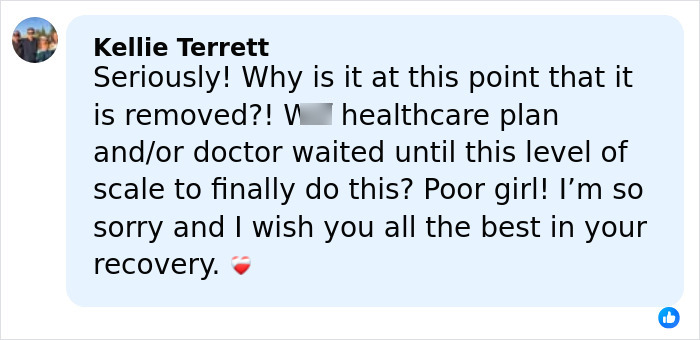 Facebook comment expressing concern and sympathy for 14YO girl’s recovery after rare condition leg removal surgery. Facebook comment expressing concern and sympathy for 14YO girl’s recovery after rare condition leg removal surgery.