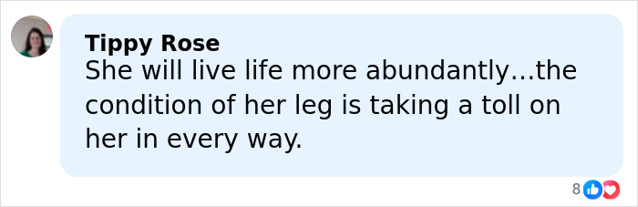Comment by Tippy Rose expressing hope for a 14-year-old girl living with a rare leg condition. Comment by Tippy Rose expressing hope for a 14-year-old girl living with a rare leg condition.