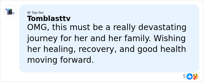 Comment expressing support and well wishes for a 14-year-old girl’s recovery after surgery to remove a 174lb leg. Comment expressing support and well wishes for a 14-year-old girl’s recovery after surgery to remove a 174lb leg.
