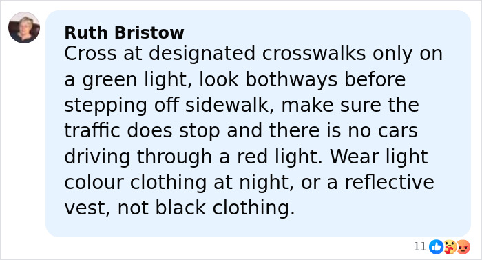 Comment by Ruth Bristow advising safe street crossing to prevent accidents involving pedestrians in NYC. Comment by Ruth Bristow advising safe street crossing to prevent accidents involving pedestrians in NYC.