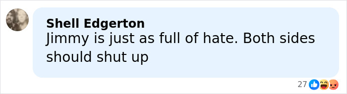 Comment by Shell Edgerton criticizing Jimmy Kimmel, displayed in a social media style text box with reaction emojis. Comment by Shell Edgerton criticizing Jimmy Kimmel, displayed in a social media style text box with reaction emojis.