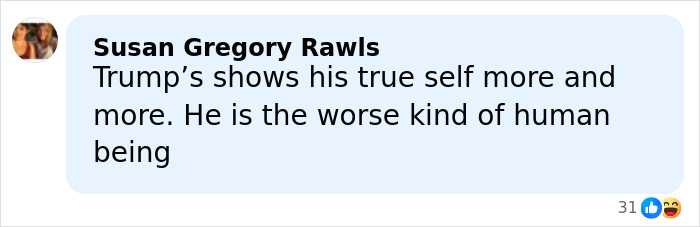Comment from Susan Gregory Rawls criticizing Donald Trump, displayed in a social media style text box. Comment from Susan Gregory Rawls criticizing Donald Trump, displayed in a social media style text box.