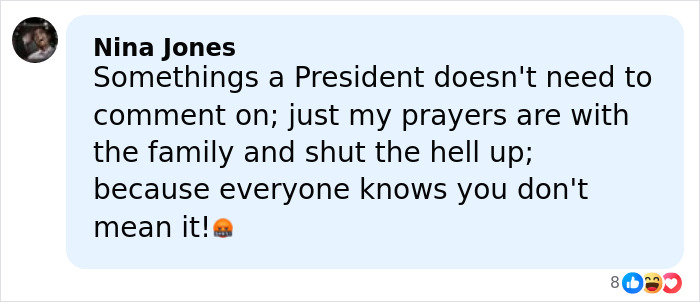 Comment section screenshot showing user Nina Jones criticizing a president’s comments, related to Jimmy Kimmel and Donald Trump. Comment section screenshot showing user Nina Jones criticizing a president’s comments, related to Jimmy Kimmel and Donald Trump.