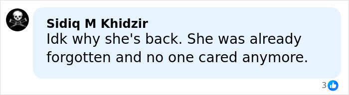 Comment on social media criticizing celebrity comeback, shown with user profile icon and text bubble.