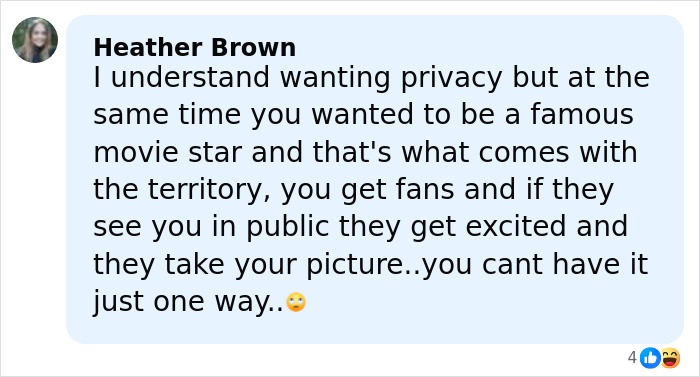 Screenshot of a Facebook comment discussing privacy and fame related to Hilary Swank apologizing for berating mom of terminally ill kids. Screenshot of a Facebook comment discussing privacy and fame related to Hilary Swank apologizing for berating mom of terminally ill kids.