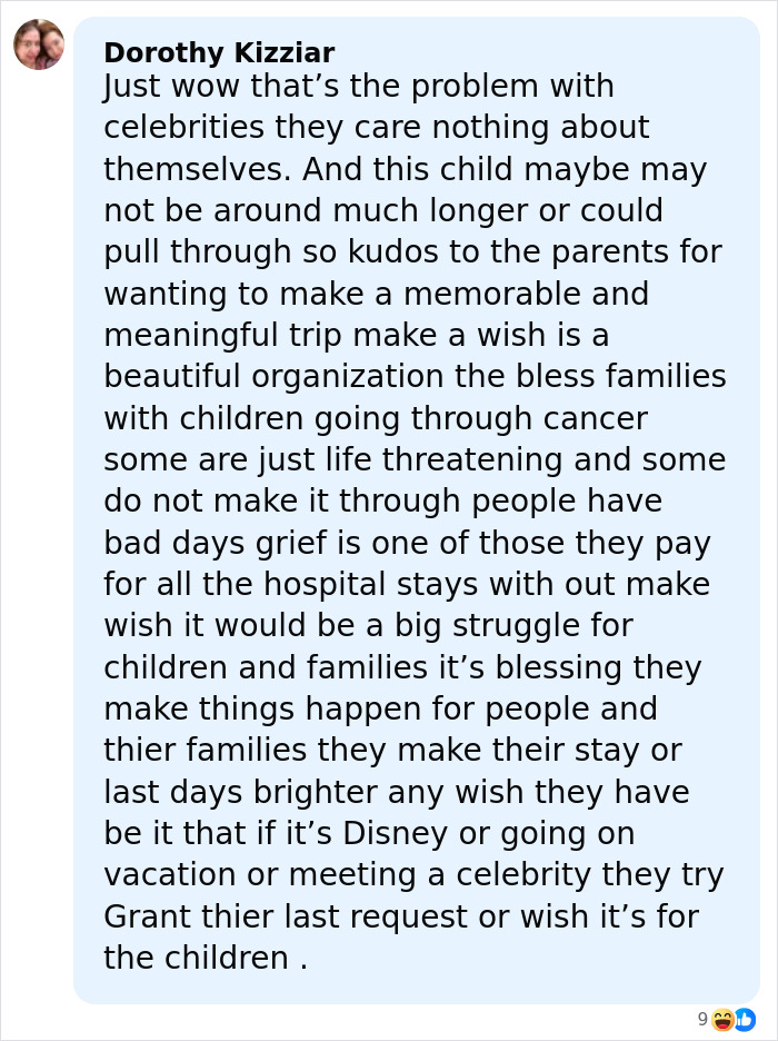 Facebook comment discussing terminally ill kids, grief, and the impact of Make-A-Wish on families.