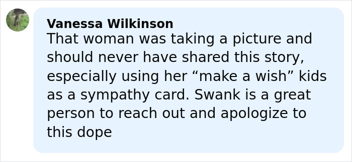 Comment from Vanessa Wilkinson criticizing mom of terminally ill kids, mentioning Hilary Swank’s apology in the controversy.