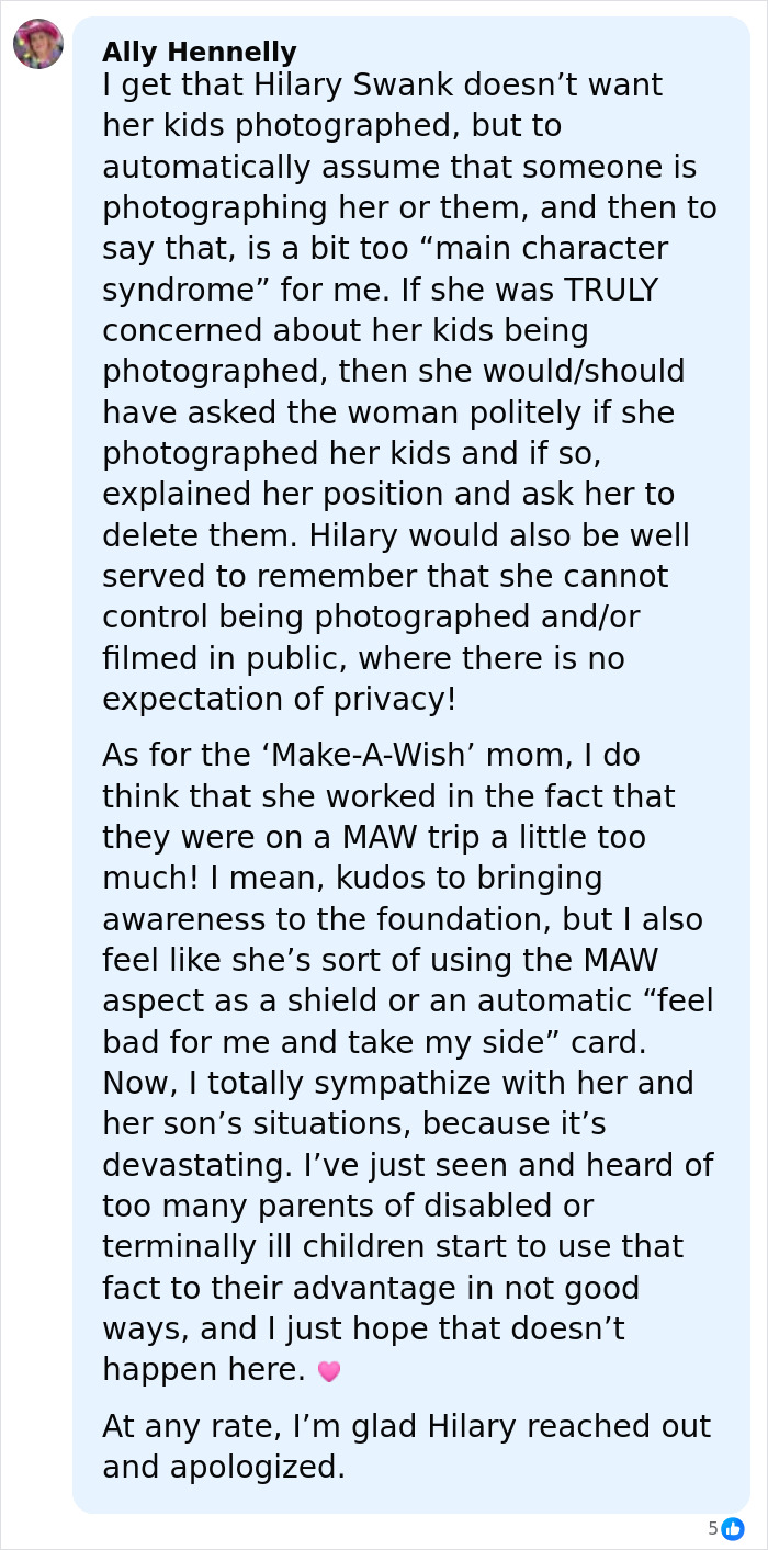 User comment discussing Hilary Swank apologizing for berating mom of terminally ill kids and public reactions. User comment discussing Hilary Swank apologizing for berating mom of terminally ill kids and public reactions.