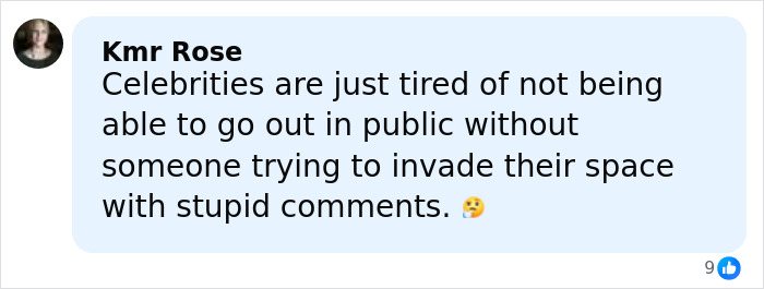 Comment from Kmr Rose discussing celebrities’ frustration with public invasion and rude comments online.