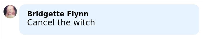 Comment reading Cancel the witch by user Bridgette Flynn in a light blue speech bubble on social media about Hilary Swank apologizes controversy.