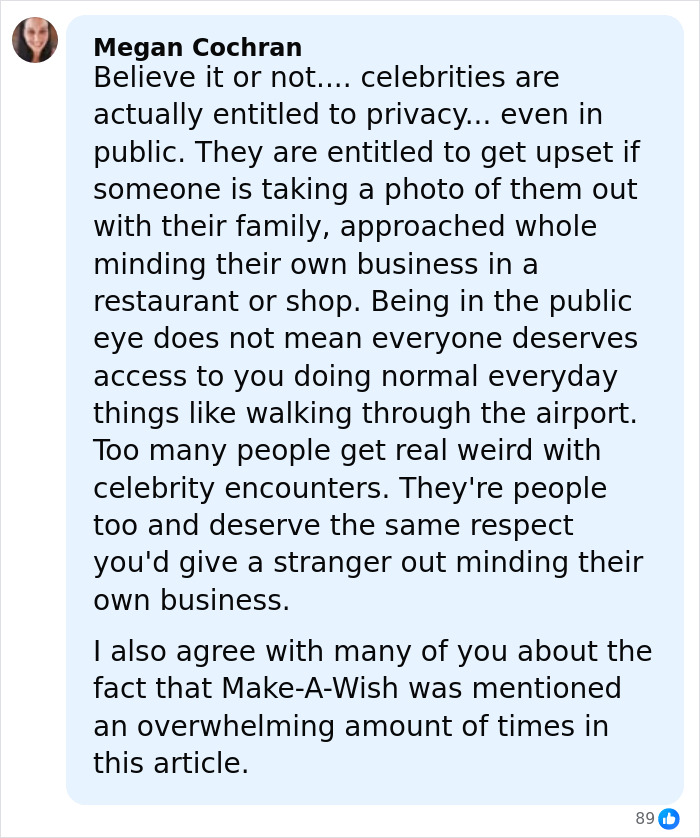Commenter Megan Cochran discusses celebrity privacy and respect, touching on Hilary Swank's apology involving a mom of terminally ill kids. Commenter Megan Cochran discusses celebrity privacy and respect, touching on Hilary Swank's apology involving a mom of terminally ill kids.