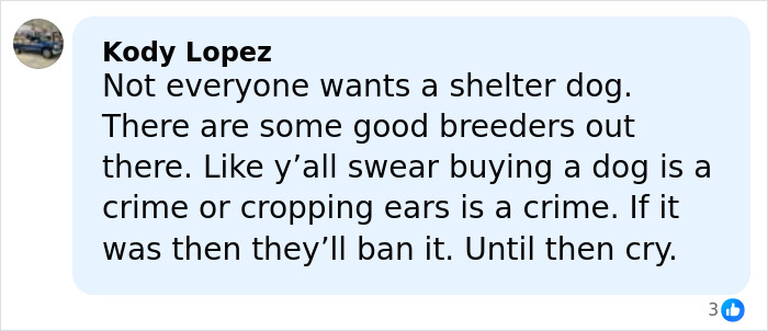 Comment by Kody Lopez defending breeders and dog ear cropping, responding to controversy over dog ear practices. Comment by Kody Lopez defending breeders and dog ear cropping, responding to controversy over dog ear practices.