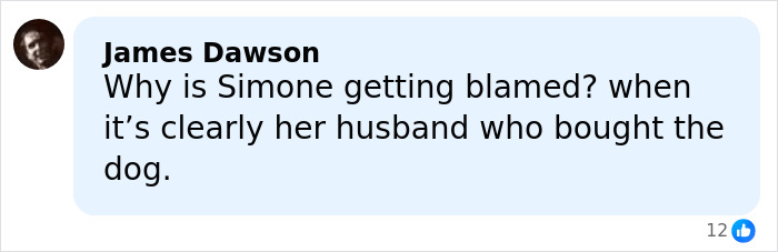 Comment by James Dawson questioning Simone Biles being blamed for buying a dog with chopped-off ears. Comment by James Dawson questioning Simone Biles being blamed for buying a dog with chopped-off ears.