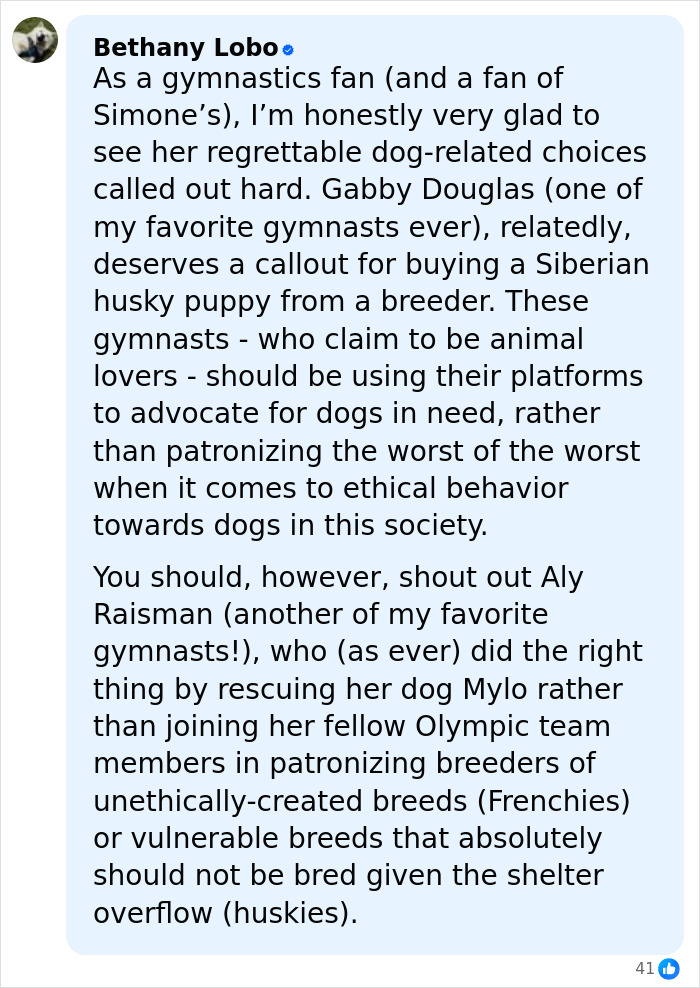 Bethany Lobo criticizes Simone Biles for allegedly buying a dog with chopped-off ears, sparking PETA backlash. Bethany Lobo criticizes Simone Biles for allegedly buying a dog with chopped-off ears, sparking PETA backlash.