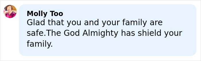 Facebook comment expressing relief and blessings for family safety after a Bondi Beach attack involving a 3-year-old daughter.
