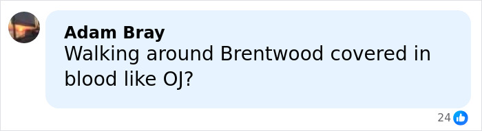Comment by Adam Bray questioning if someone was walking around Brentwood covered in blood, referencing OJ Simpson case. Comment by Adam Bray questioning if someone was walking around Brentwood covered in blood, referencing OJ Simpson case.