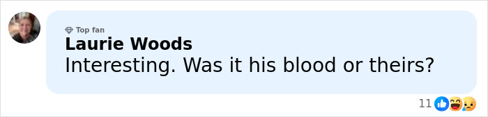 Comment from Laurie Woods questioning whose blood was involved amid the horrific state of Nick Reiner's hotel room. Comment from Laurie Woods questioning whose blood was involved amid the horrific state of Nick Reiner's hotel room.