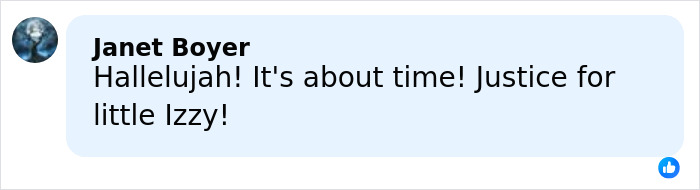 Facebook comment by Janet Boyer expressing relief and calling for justice related to Mom's chilling Google searches in a child slaying case. Facebook comment by Janet Boyer expressing relief and calling for justice related to Mom's chilling Google searches in a child slaying case.