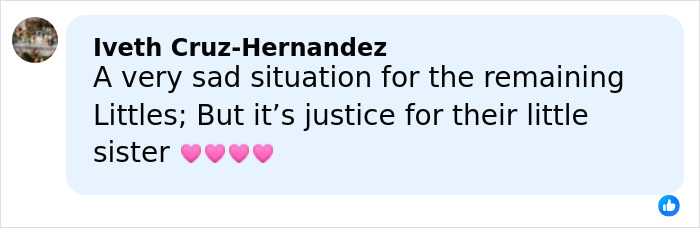 Facebook comment expressing sorrow and justice for the 5-year-old daughter in a mom's chilling case. Facebook comment expressing sorrow and justice for the 5-year-old daughter in a mom's chilling case.