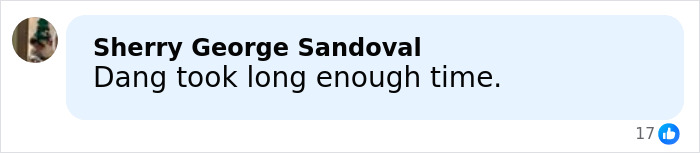 Facebook comment by Sherry George Sandoval saying Dang took long enough with 17 reactions, related to mom's chilling Google searches. Facebook comment by Sherry George Sandoval saying Dang took long enough with 17 reactions, related to mom's chilling Google searches.