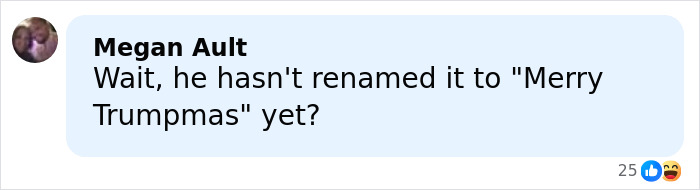 User comment screenshot showing sarcastic remark about renaming Christmas to Merry Trumpmas, part of backlash on Melania and Donald Trump's Christmas card.