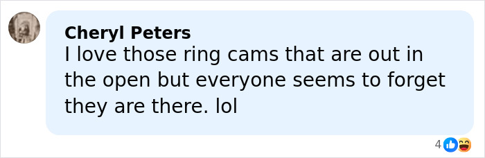 Facebook comment by Cheryl Peters discussing ring cams and privacy concerns in an outdoor setting.