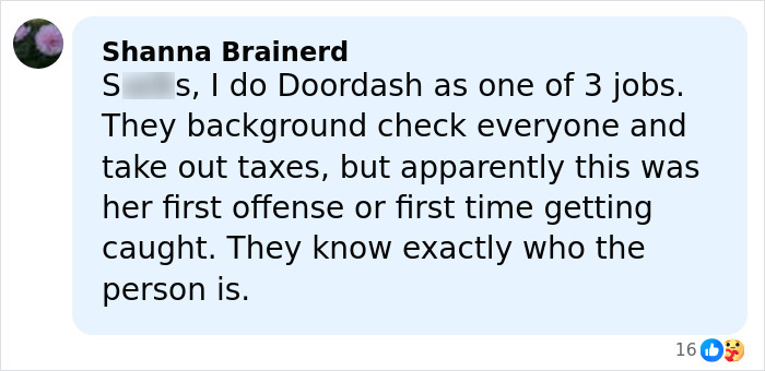 Comment discussing DoorDasher background checks and first offense after alleged pepper-spraying incident.