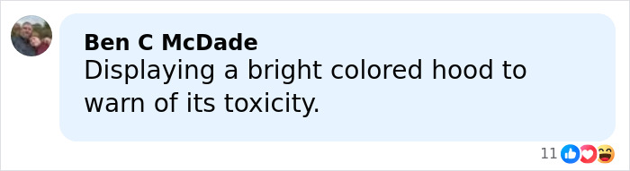 Comment by Ben C McDade reading displaying a bright colored hood to warn of its toxicity on a light blue background.