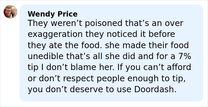 Screenshot of a social media comment defending a DoorDasher who allegedly pepper-sprayed food with a bizarre excuse.