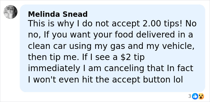 Commenter Melinda Snead explains refusing $2 tips for food delivery and canceling orders without proper gratuity.