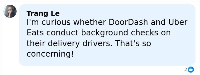 User comment expressing concern about DoorDash and Uber Eats background checks on delivery drivers.