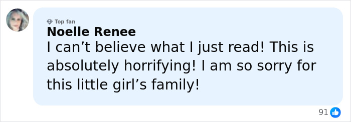 Comment from Noelle Renee expressing shock and sympathy for family after brutal attack on 14-year-old girl homicide case.