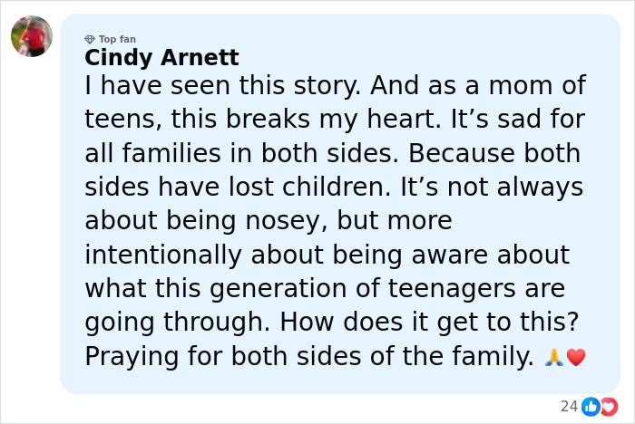 Comment by Cindy Arnett on social media expressing heartbreak over teens charged with homicide after brutal attack on 14YO girl.