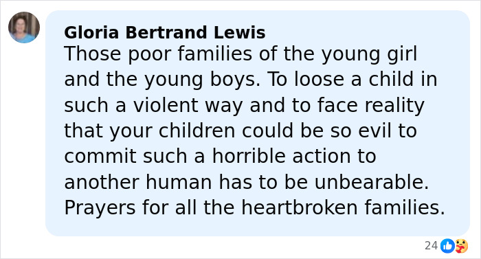 Facebook comment expressing sympathy for families affected by the homicide involving two teens after brutal attack on 14yo girl.