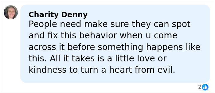 Comment from Charity Denny urging people to recognize and stop harmful behavior to prevent attacks on teens.