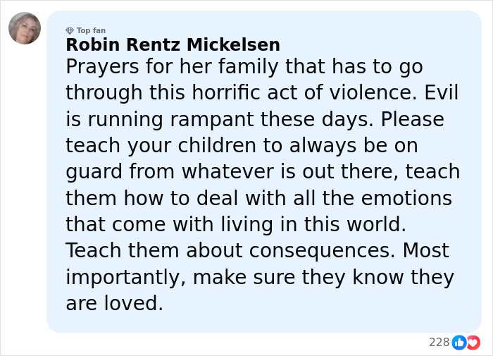 User comment expressing prayers and concern after a brutal attack, highlighting two teens charged with homicide.