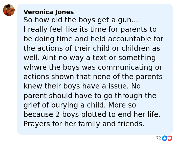 ALT text: Comment discussing parental accountability after two teens charged with homicide in brutal attack on 14-year-old girl
