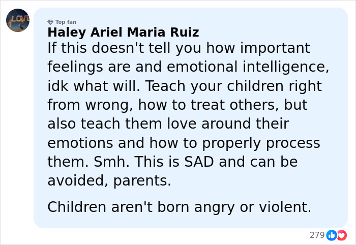 Comment by Haley Ariel Maria Ruiz emphasizing emotional intelligence and teaching children kindness to prevent violence after teens charged with homicide.