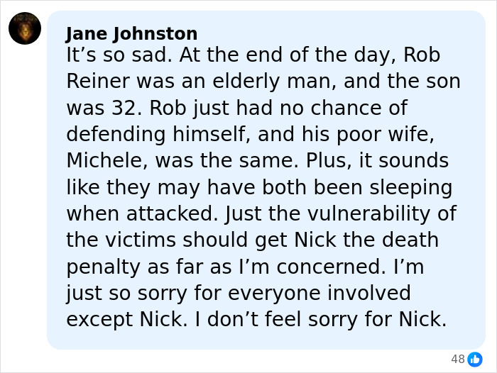 Alt text: Screenshot of a comment discussing Rob Reiner's vulnerability and a confession related to his son at a party.