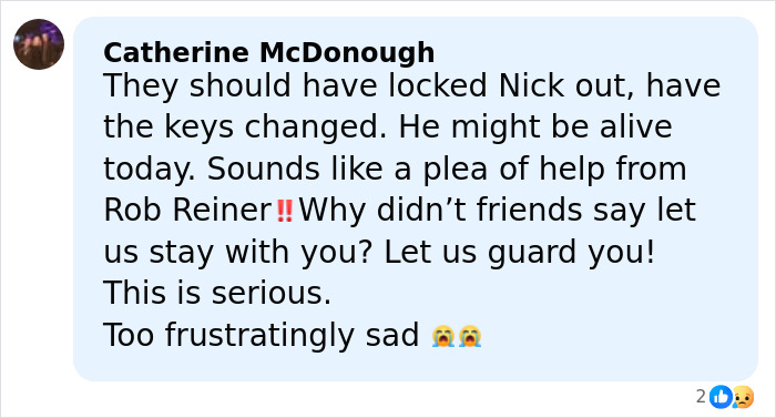 Comment by Catherine McDonough discussing Rob Reiner's disturbing last words and a plea for help at a party.
