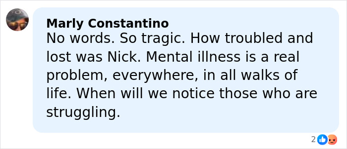Comment by Marly Constantino about mental illness and struggles, referencing son as person of interest in LA home case. Comment by Marly Constantino about mental illness and struggles, referencing son as person of interest in LA home case.