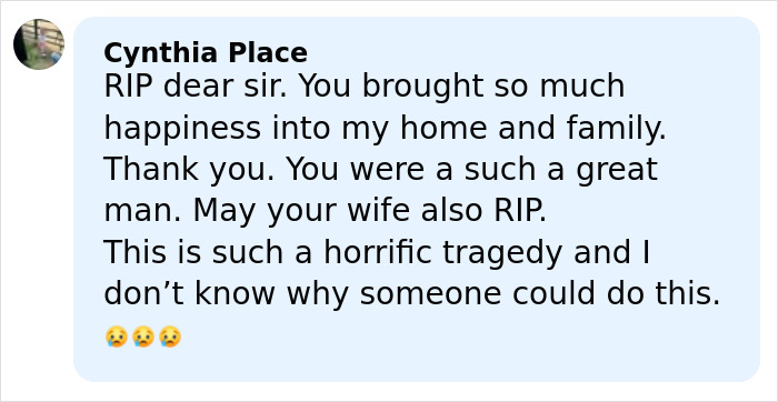 Comment expressing condolences over the tragedy involving Rob Reiner and wife, mentioning son as person of interest. Comment expressing condolences over the tragedy involving Rob Reiner and wife, mentioning son as person of interest.