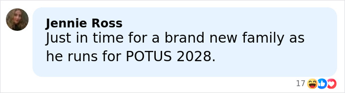 Comment by Jennie Ross joking about Donald Trump Jr.'s engagement timing and future political plans in a social media post.